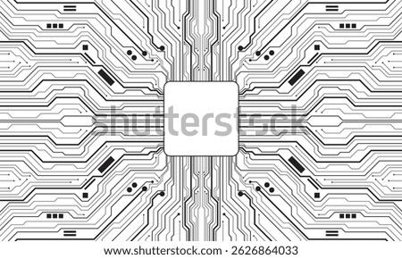 Abstract black circuit board technology connected lines electronics elements computer motherboard chip processor semiconductor digital on white background vector illustration.