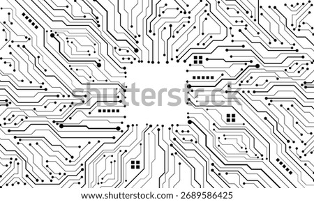 Abstract black circuit board technology connected lines electronics elements computer motherboard chip processor semiconductor digital on white background vector illustration.