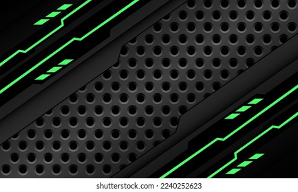 Abstract black circuit green light cyber geometric slash on grey metallic circle mesh design modern technology futuristic background vector illustration.