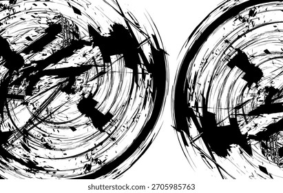 Abstract black circular grunge texture created with bold ink brush strokes, perfect for backgrounds, posters, album covers, and modern graphic design