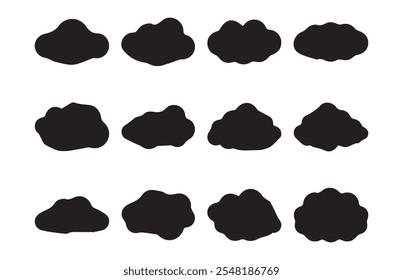 Abstract black cloudy collection set. Nature weather elements. Cloud symbol in line and glyph style. Vector illustration EPS 10