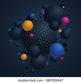 Abstract black and color dotted spheres vector background, composition of flying balls decorated with dots, 3D mixed globes