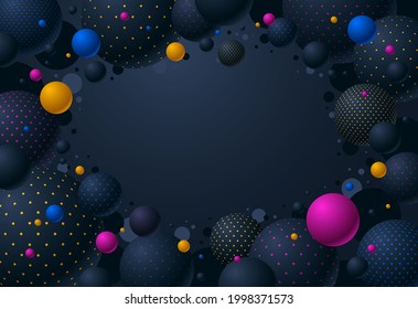 Abstract black and color dotted spheres vector background with copy space, composition of flying balls decorated with dots, 3D mixed globes