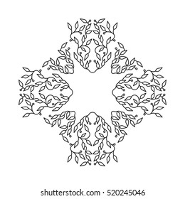 Abstract black color frame design, isolated template on white background. Circle made emblem with leaves. Spa concept monogram, linear style. Vector decoration for fashion, cosmetics, beauty industry