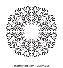 Abstract black color frame design, isolated template on white background. Circle made emblem with leaves. Spa concept monogram, natural badge. Vector decoration for fashion, cosmetics, beauty industry