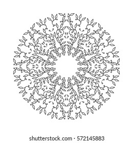 Abstract black color frame design, isolated template on white background. Circle made emblem with leaves. Spa concept monogram, linear style. Vector decoration for fashion, cosmetics, beauty industry