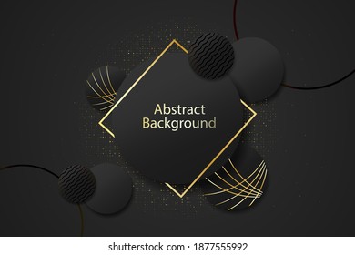 Abstract black color overlapping circle illustration on black background with luxury gold glitter dots.