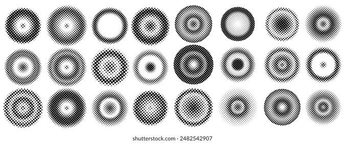Abstract black color vector grunge texture halftone dots round shapes background set