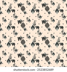 Abstract of black colored Leaves and Elephant Textured on beige background. Seamless vector Pattern.