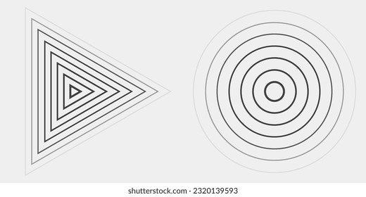 Abstract black concentric, hypnotic circle and triangle elements isolated on a light background. Color halftone ring and polygon pattern. Geometric centric vector illustration with editable stroke