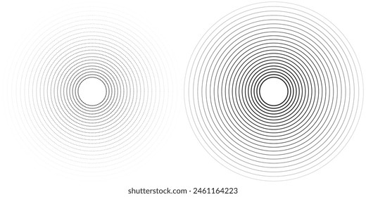 Abstract black concentric, hypnotic dotted and line circle elements isolated on a white background. Halftone ring polygon pattern. Geometric centric vector illustration with editable stroke