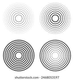 Abstrakte schwarze konzentrische, hypnotische gepunktete Linie Kreis-Elemente isoliert auf einem transparenten Hintergrund. Halbton-Ringpunktmuster. Radiowellen, Schallpulsationskreise. Vektorillustration