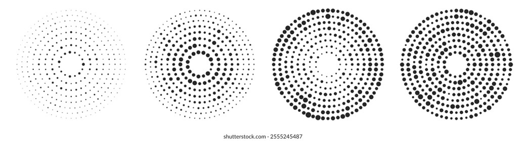 Abstract black concentric, hypnotic dotted line circle elements isolated on a transparent background. Halftone ring point pattern. Radio waves, sound pulsation circles. Vector illustration