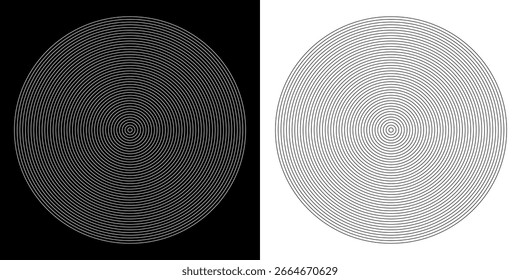 Abstrato preto concêntrico, hipnótico pontilhado e elementos de círculo de linha isolados em um fundo branco. Padrão de polígono de anel de meio-tom. Ilustração de vetor centrado geométrico