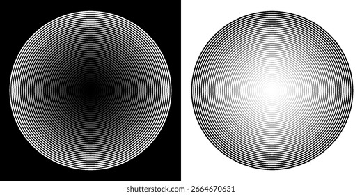 Abstrato preto concêntrico, hipnótico pontilhado e elementos de círculo de linha isolados em um fundo branco. Padrão de polígono de anel de meio-tom. Ilustração de vetor centrado geométrico