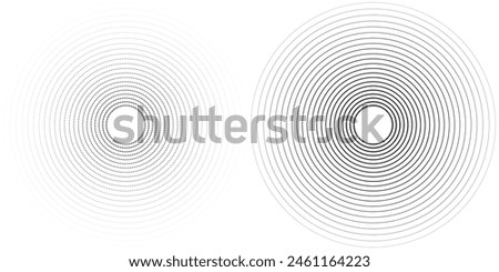 Abstract black concentric, hypnotic dotted and line circle elements isolated on a white background. Halftone ring polygon pattern. Geometric centric vector illustration with editable stroke