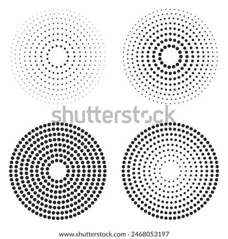 Abstract black concentric, hypnotic dotted line circle elements isolated on a transparent background. Halftone ring point pattern. Radio waves, sound pulsation circles. Vector illustration