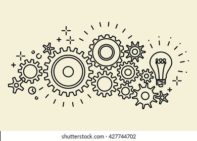 Abstract black connected cogs (gears), outline vector illustration