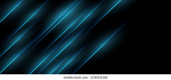 Abstract black corporate background with blue glowing neon lines. Technology vector design