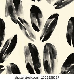 Abstract black and cream feather brush strokes watercolor painting patterns, Cute seamless pattern design element for sale banners, posters, labels, and gift wrapping paper.