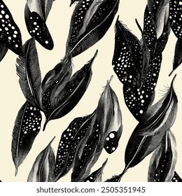 Abstract black and cream feather brush strokes watercolor painting patterns, Cute seamless pattern design element for sale banners, posters, labels, and gift wrapping paper.