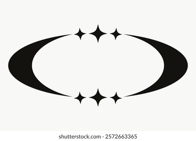 Abstract black crescent shapes with stars on a white background. Symmetrical design with crescent and star motifs. Minimalist crescent and star pattern. Vector element isolated on white.