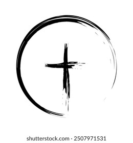 Abstract black cross. Brushstroke circle with cross. Minimalist vector art.