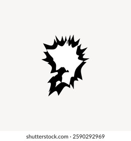 Abstract black crow silhouette with jagged edges. Crow in flight, crow with sharp outline, crow in motion. Minimalist design on a white background. Doodle shape vector.