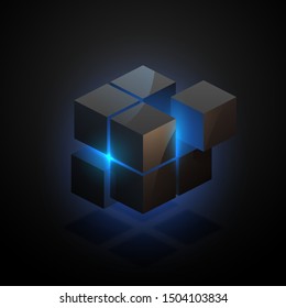 Abstract black cube with blue light