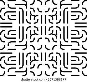 Abstract black curved line pattern on white background forming a modern geometric maze design, ideal for wallpapers, textiles, branding, and minimal art projects.
