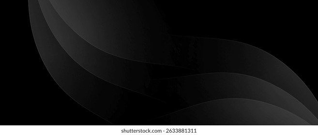 Abstract black curved shape background with a sleek gradient. Smooth dark wave texture for a modern, minimal, and elegant horizontal banner template.