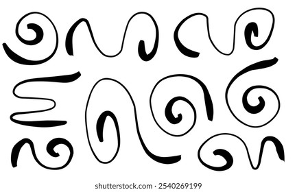 Abstract black curvy line set for decoration. Vector illustration. Children doodle line hand drawing.