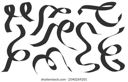 Abstract black curvy line set for decoration. Vector illustration. Children doodle line hand drawing.