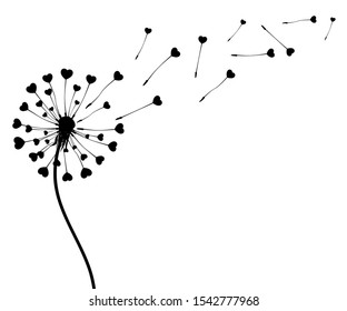 Abstract black dandelion silhouette with hearts, flying seeds of love dandelion - stock vector