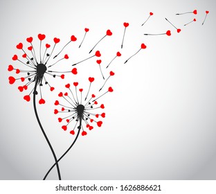 Abstract black dandelion silhouette with hearts, flying seeds of love dandelion - for stock