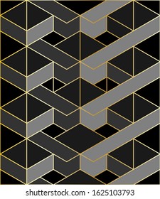 Abstract black and dark grey geometric background with golden outline. Seamless geometric pattern design.