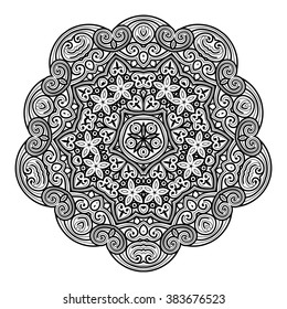 Abstract Black Decorative Vector Mandala Outline Pattern Element. Isolated on White Background. Ornate Motif and Design Element for Greeting Cards and Backdrop Decoration.