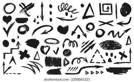 Abstract black design element collection in grunge style and brush ink style. Arrow, circle, heart, check, cross geometric element in hand drawing style