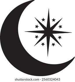 Abstract black design featuring a crescent moon and a stylized eight-point star surrounded by smaller stars.