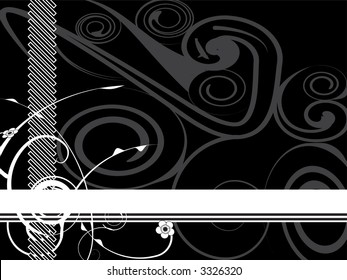 An abstract black design with floral swirls and an area to add your own text