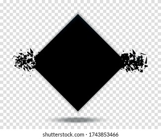 Abstract black diamond explosion. Black square stone with debris isolated. Geometric background. Vector illustration