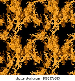 Abstract black and different shades of orange and brown background as UFO camouflage. Seamless repeat bright pattern usable as camo, wallpaper, backdrop or for print for textile or wrapping paper