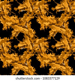 Abstract black and different shades of orange background as UFO camouflage. Seamless repeat bright pattern usable as camo, wallpaper, backdrop or for print for textile or wrapping paper