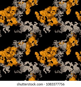 Abstract black and different shades of orange and grey background as UFO camouflage. Seamless repeat bright pattern usable as camo, wallpaper, backdrop or for print for textile or wrapping paper