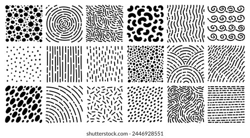 Abstract black doodle textures. Trendy monochrome simple patterns, hand drawn ink elements, repeated dots, dashes and spots, scribble geometric backdrop ornament design, vector backgrounds set