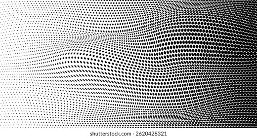 Fondo Abstractas De Medio Tono De Puntos Negros Con Distorsión Ondulada, Patrón De Ilusión Óptica, Líneas Dinámicas, Diseño De Arte Op Moderno. Ilustración vectorial.
