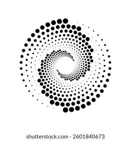 Abstract black dots spiraling inward to a central opening, forming a vortex like layout on white