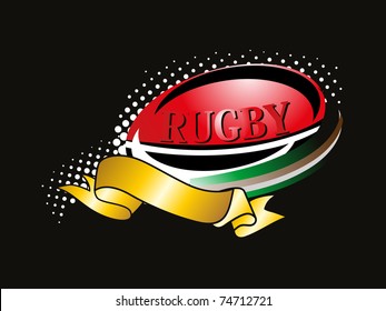 abstract black dotted background with isolated rugby, ribbon