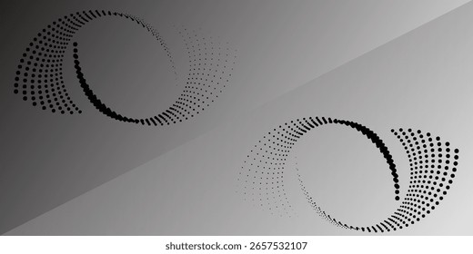 Abstractas Formas circulares punteadas en negro sobre un fondo gris degradado liso, creando un diseño visual moderno, minimalista y futurista.