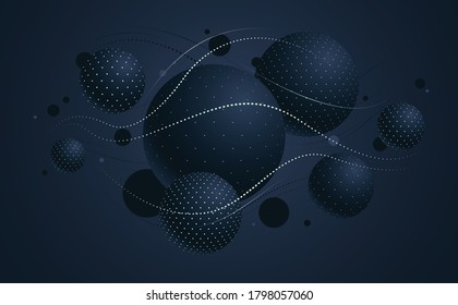 Abstract black dotted spheres vector background, composition of flying balls decorated with dots and lines, 3D mixed globes